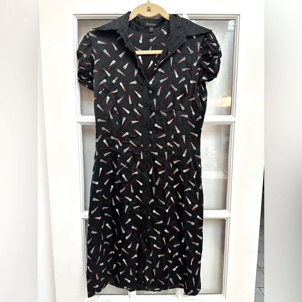 Vintage Bebe Y2K Black Silk Lipstick Printed Button Front Shirt Dress Size Small